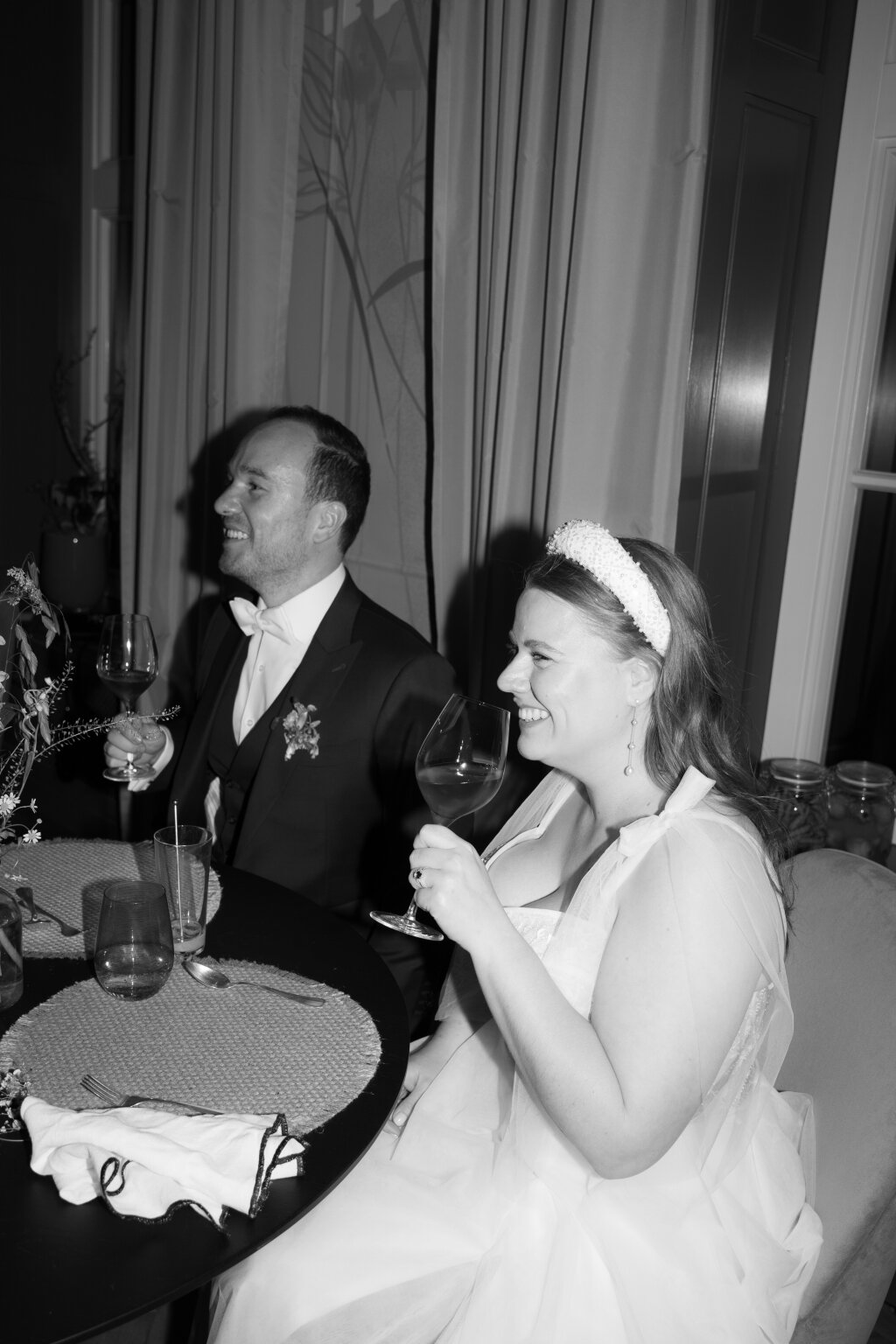 bride and groom while dinner.
