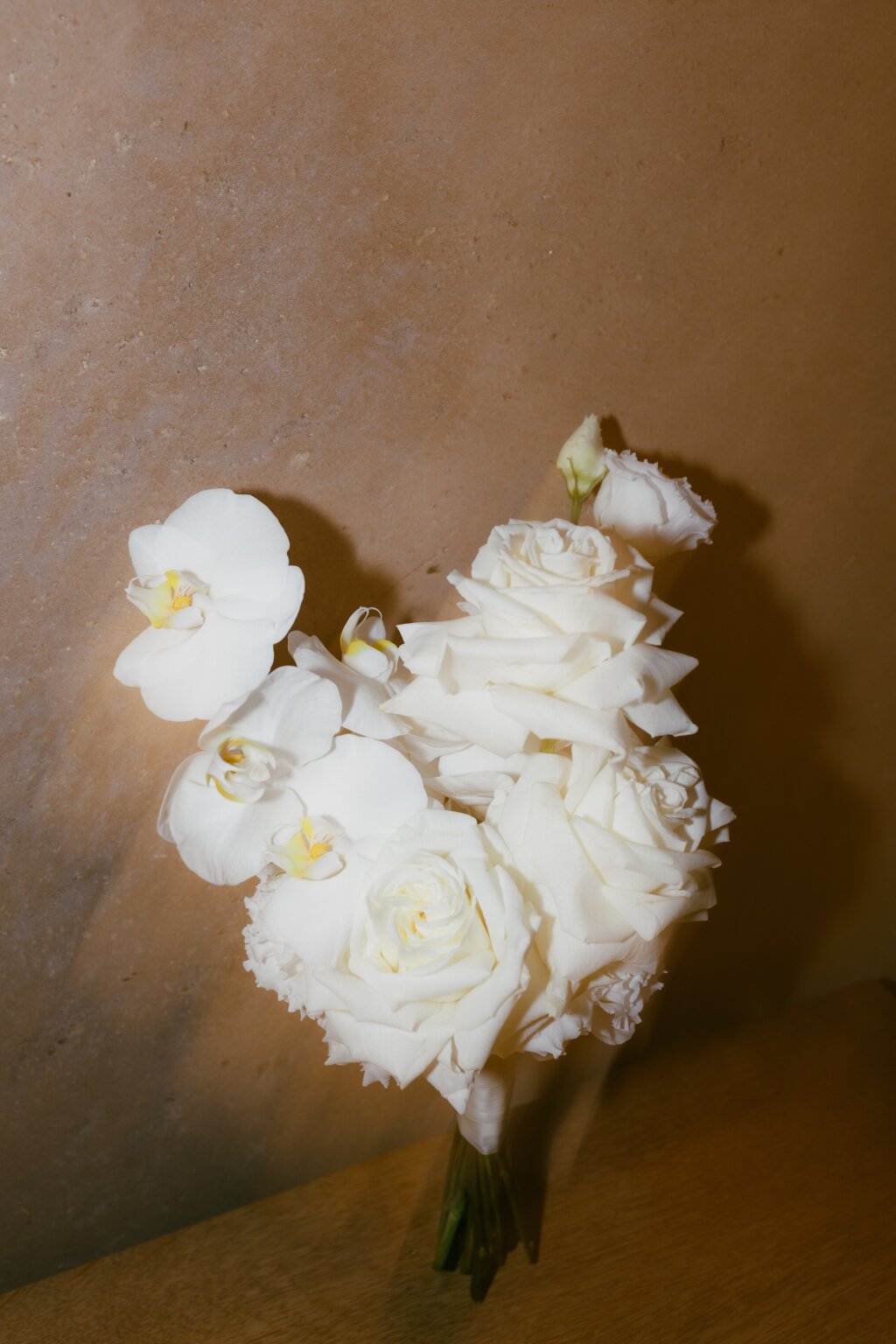 modern bridal bouquet captured at the wedding venue by flash.